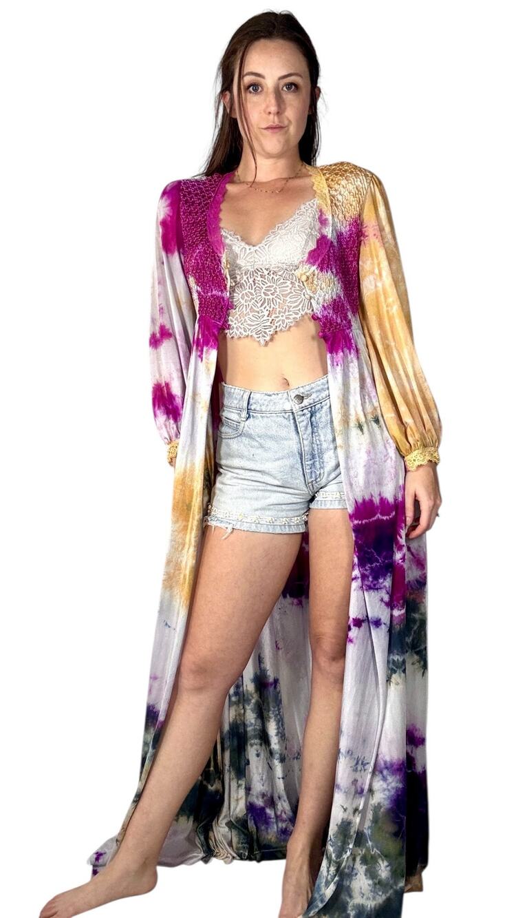 Vintage 1960s Hand Dyed Pink Orange Blue Duster Maxi Robe Reworked Upcycled